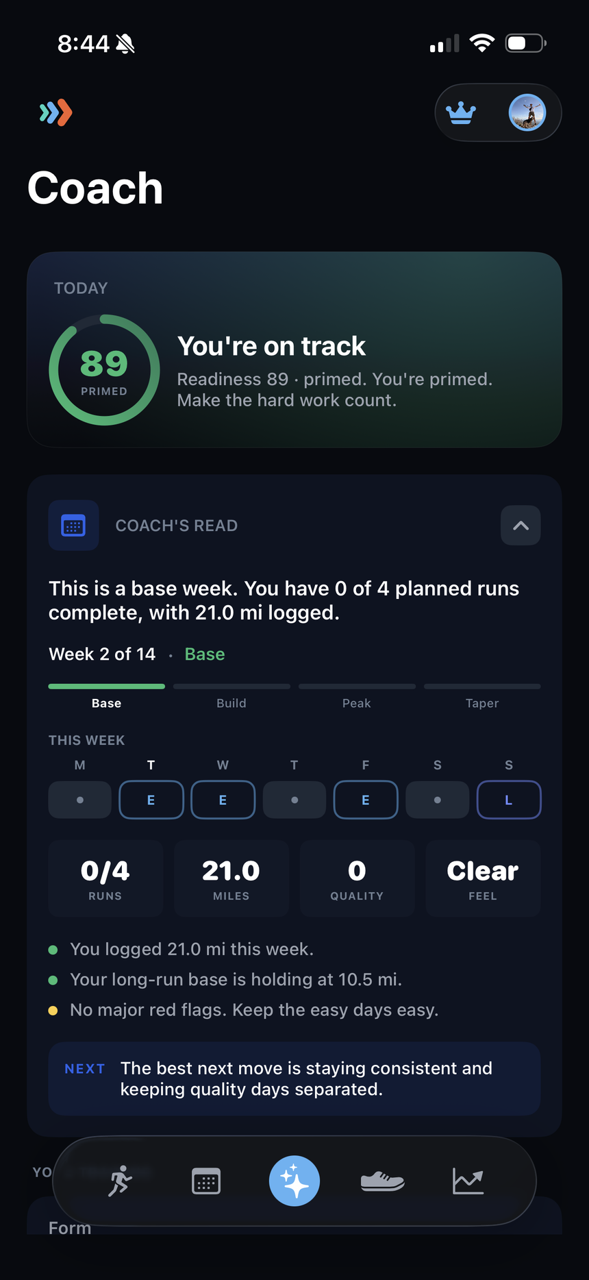 Treadly coach tab showing the weekly training story