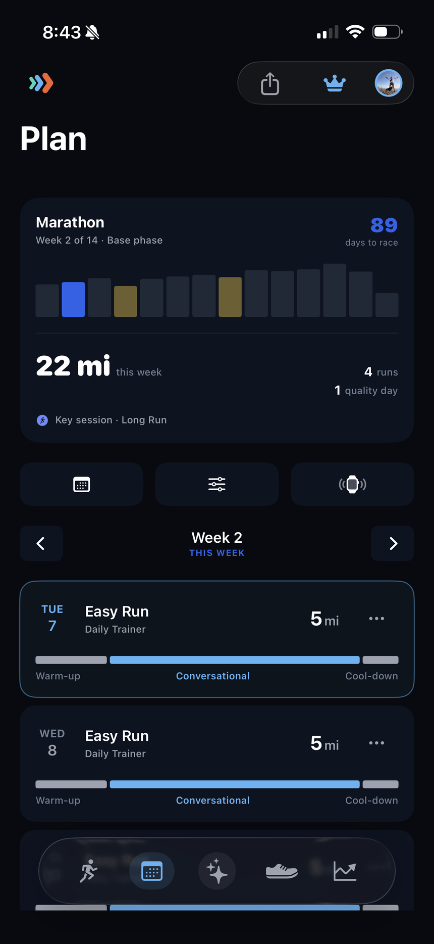 Treadly marathon plan showing periodization and this week's sessions