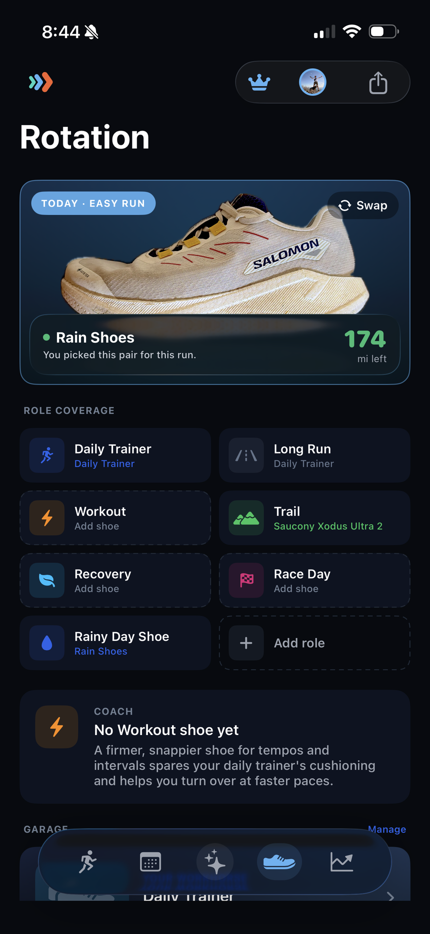 Treadly shoe rotation with per-role coverage and mileage remaining