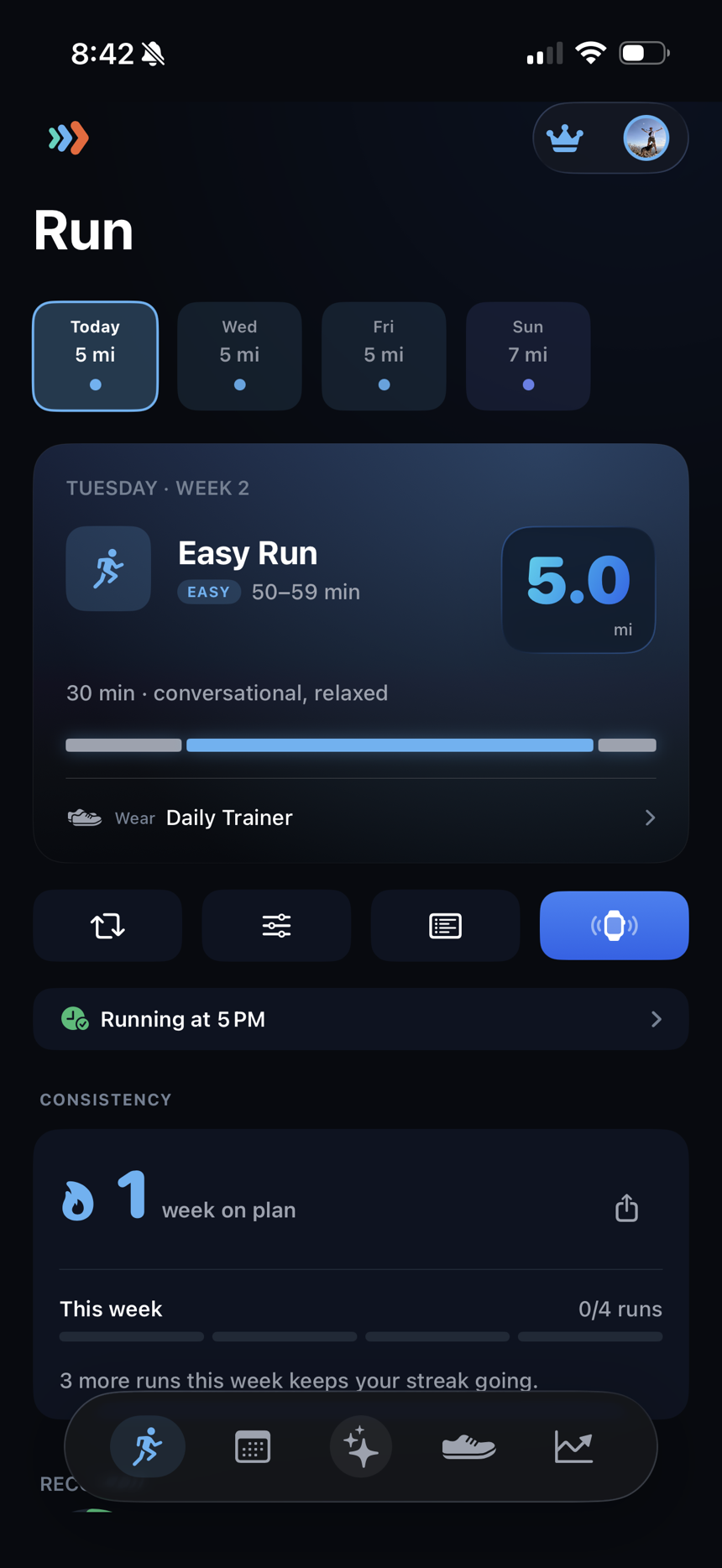 Treadly Run tab showing today's planned run and training context