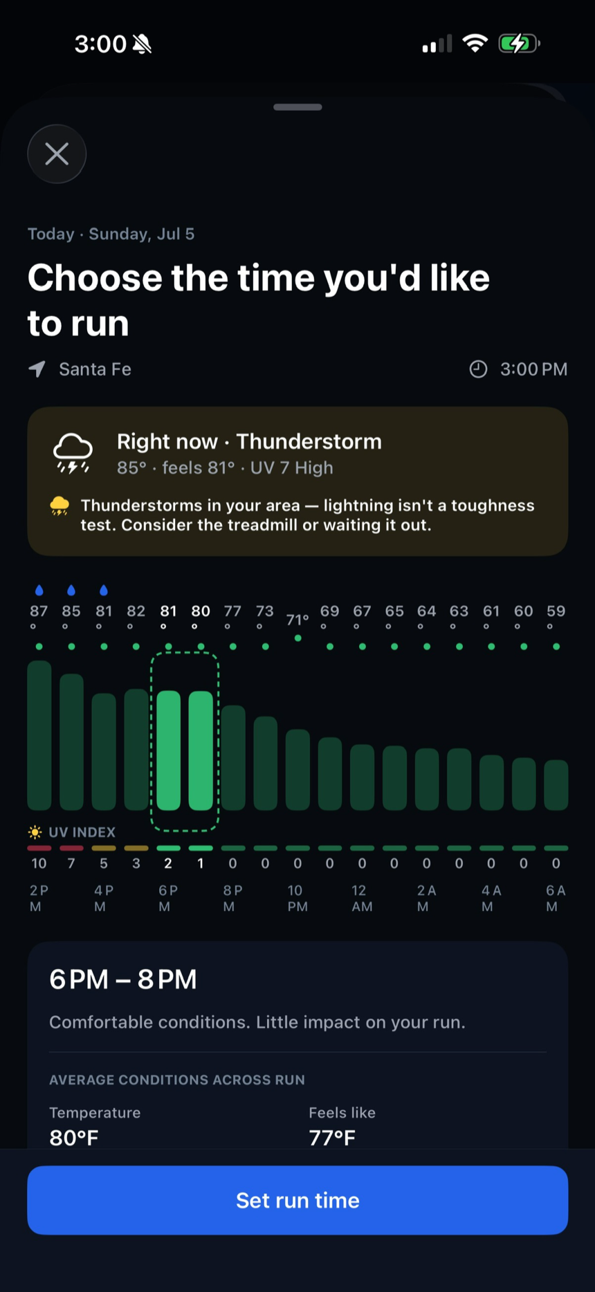 Treadly weather run-time picker showing hourly conditions and the best window to run